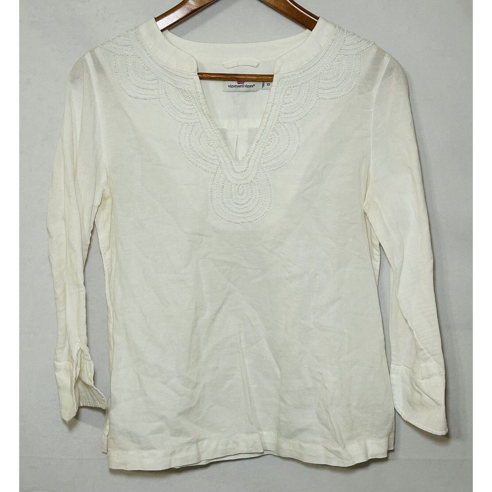 Vineyard Vines Womens XS Long Sleeve Linen Blend VNeck Pullover Top White Blouse